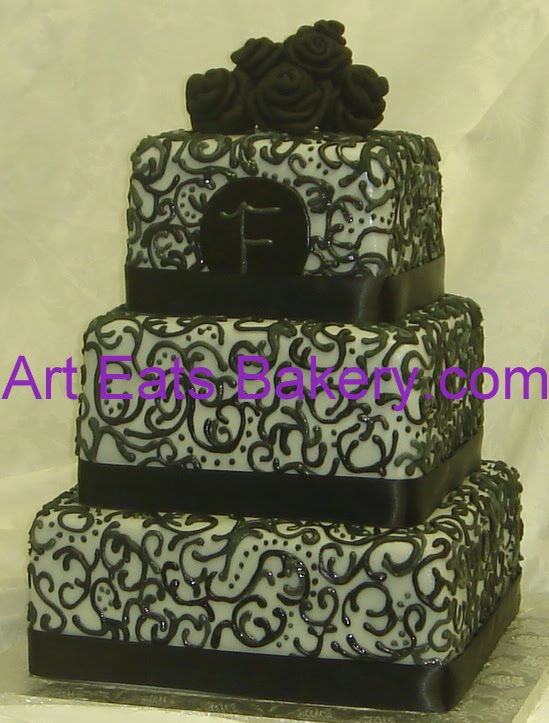 Three tier square custom gray fondant wedding cake with varying gray and 