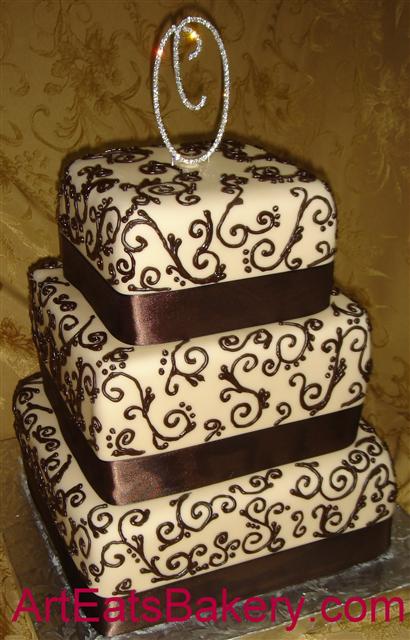 Three tier square Classic traditional white wedding cake design with fresh