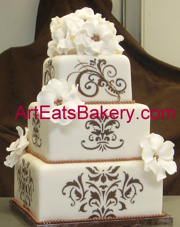 Three Tier Square White Fondant Wedding Cake With Hand Painted Pearl Stripes